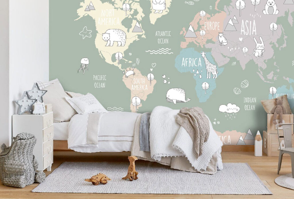 Sage Animal World Map Wallpaper : Kids Continents Mural - View 2