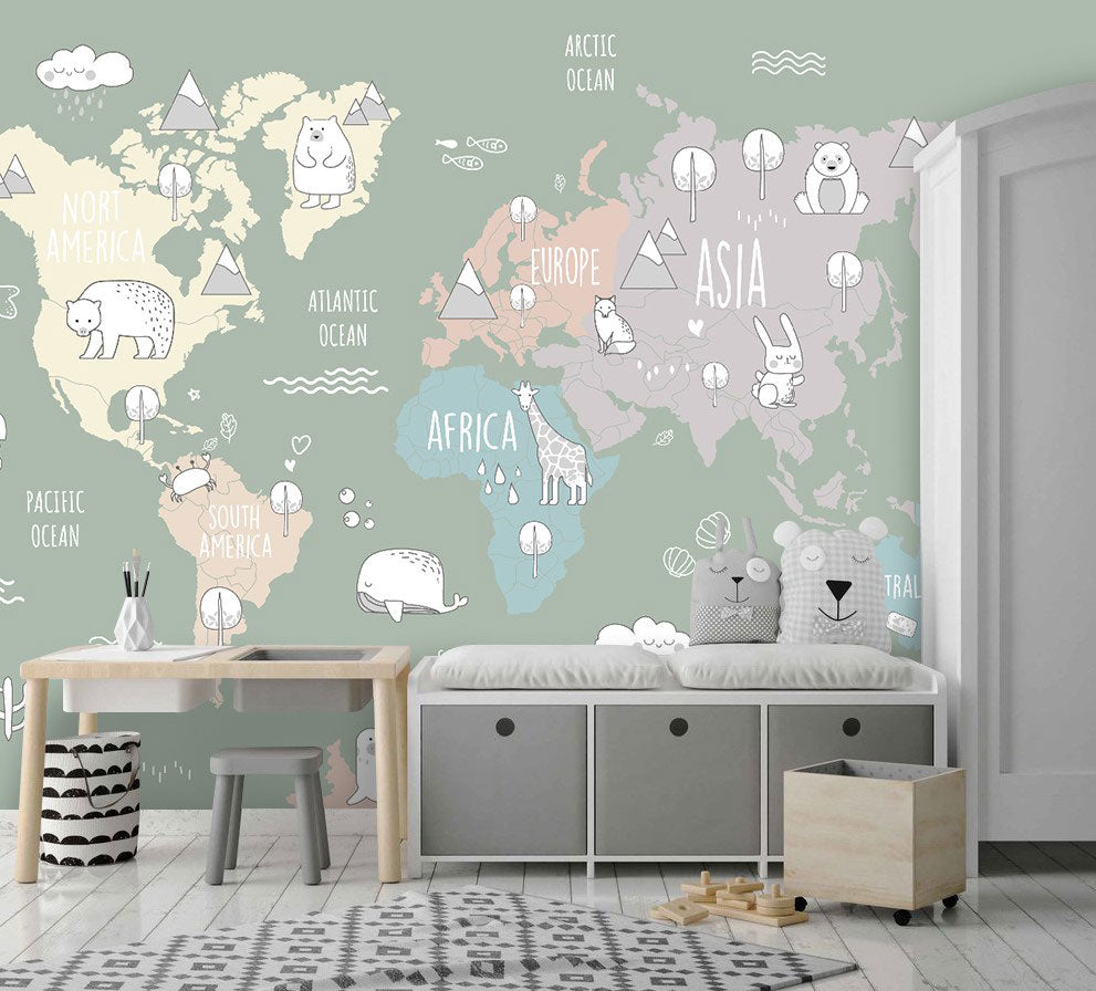 Sage Animal World Map Wallpaper : Kids Continents Mural - View 3