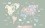 Sage Animal World Map Wallpaper : Kids Continents Mural - flat design