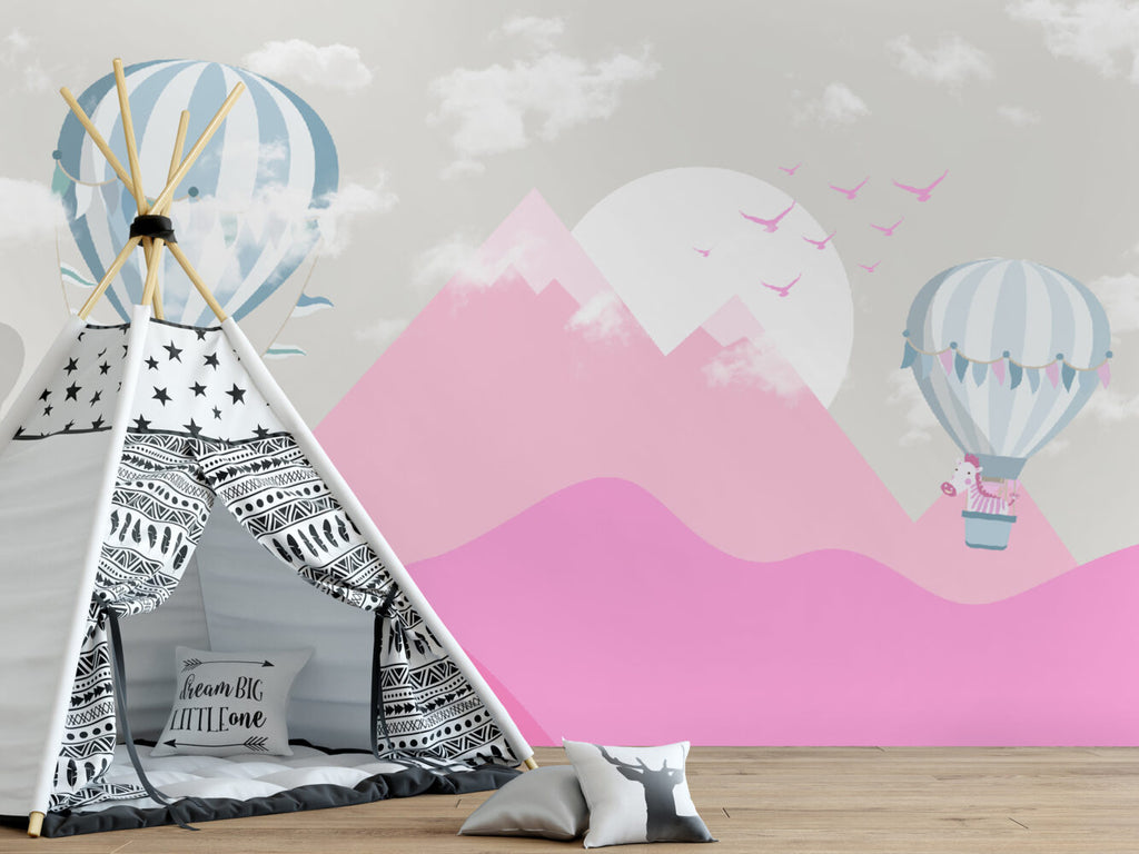 Pink Mountains Wallpaper : Hot Air Balloon Kids Mural - View 5