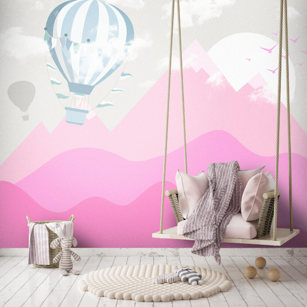 Pink Mountains Wallpaper : Hot Air Balloon Kids Mural