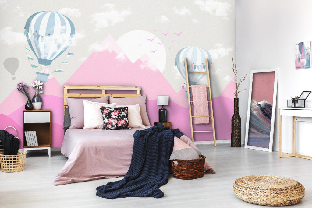 Pink Mountains Wallpaper : Hot Air Balloon Kids Mural - View 3