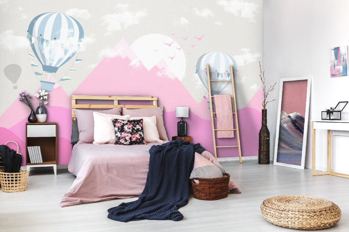Pink Mountains Wallpaper : Hot Air Balloon Kids Mural - View 3