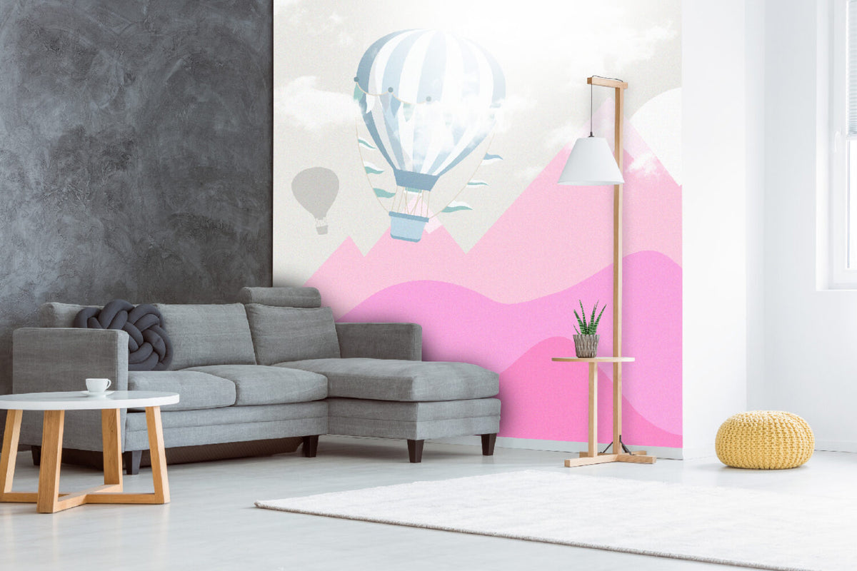 Pink Mountains Wallpaper : Hot Air Balloon Kids Mural - View 4