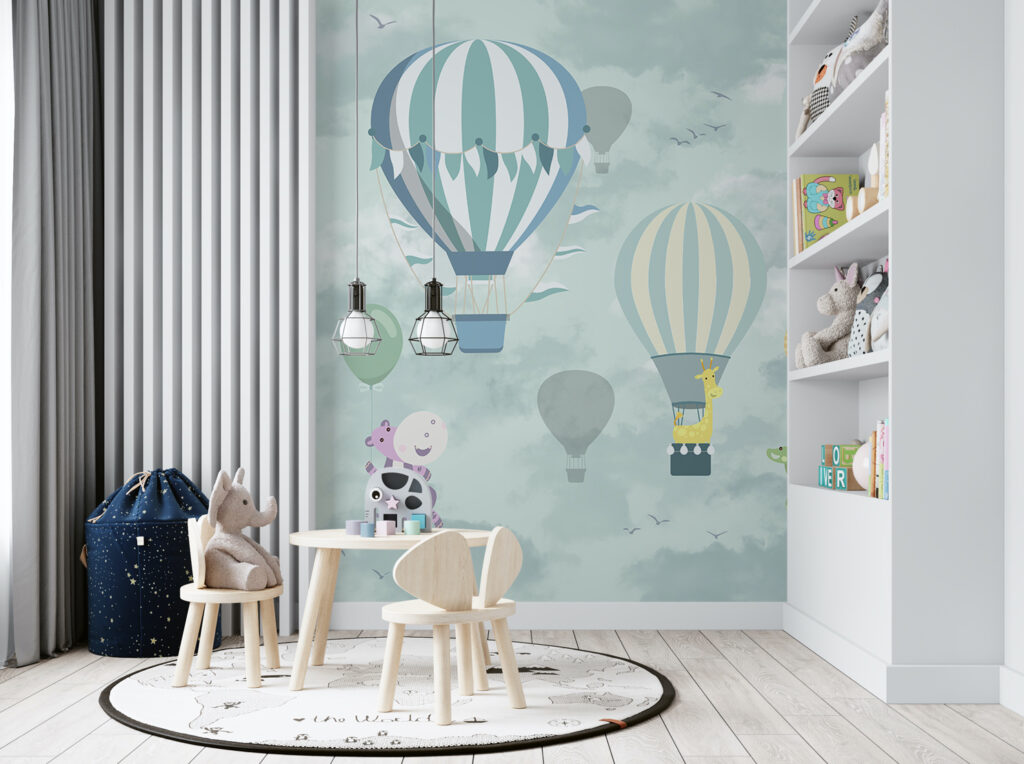 Mint Hot Air Balloons Wallpaper : Clouds Kids Mural