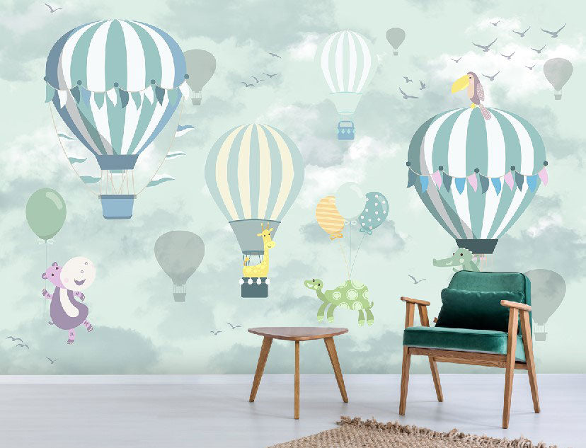 Mint Hot Air Balloons Wallpaper : Clouds Kids Mural - View 4