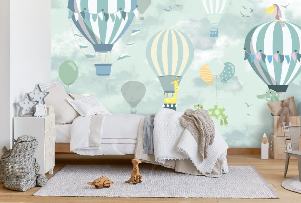Mint Hot Air Balloons Wallpaper : Clouds Kids Mural - View 3