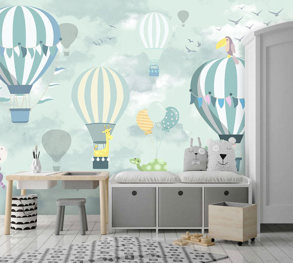 Mint Hot Air Balloons Wallpaper : Clouds Kids Mural - View 6