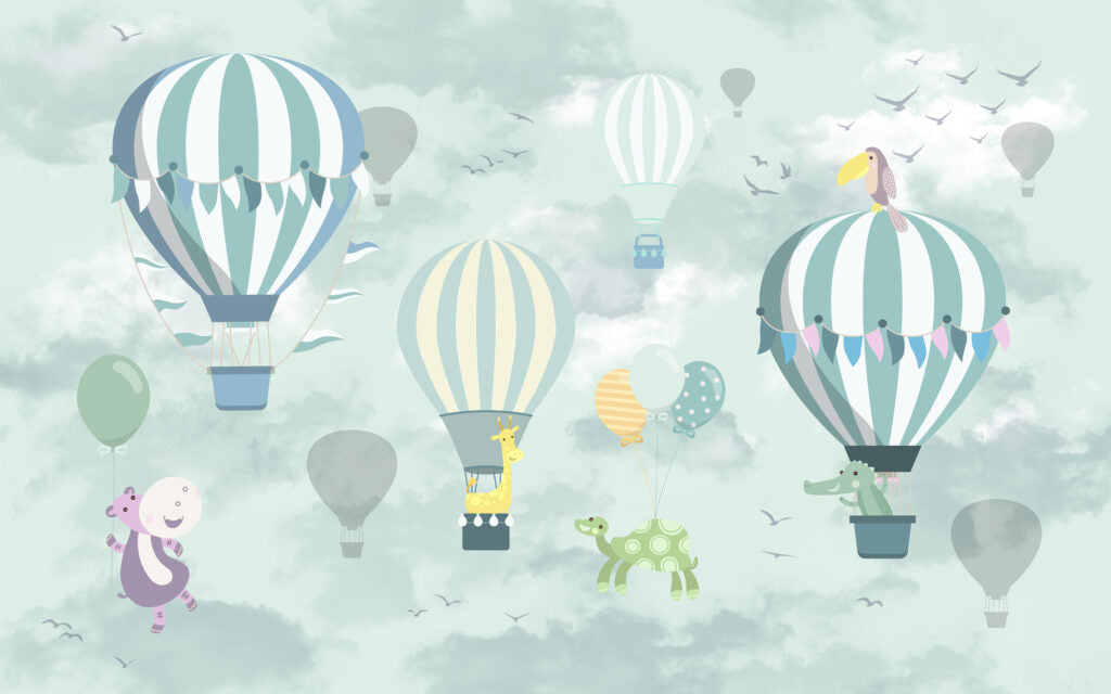 Mint Hot Air Balloons Wallpaper : Clouds Kids Mural - View 2