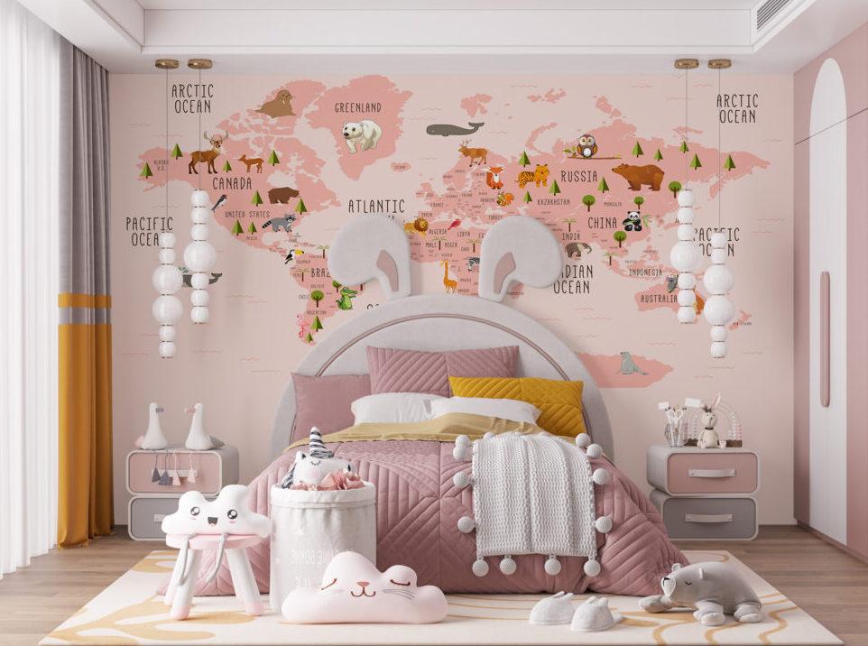 Pink Animal World Map Wallpaper : Kids Countries Mural
