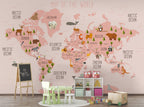 Pink Animal World Map Wallpaper : Kids Countries Mural - View 2