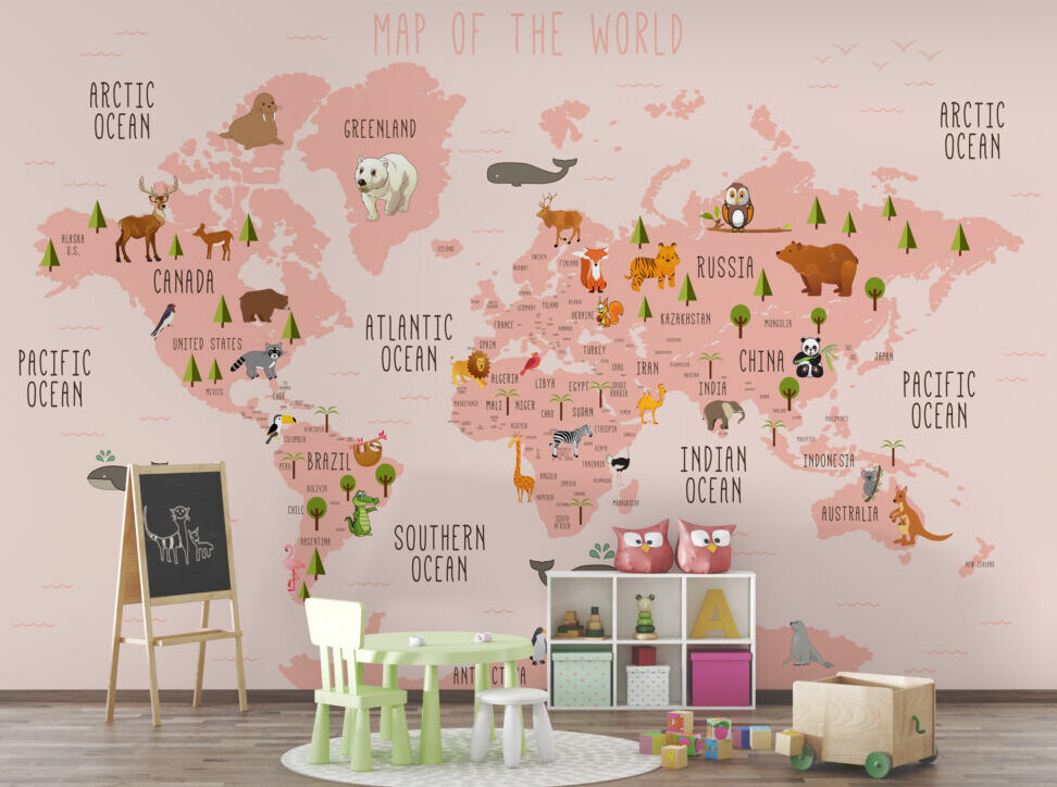 Pink Animal World Map Wallpaper : Kids Countries Mural - View 2