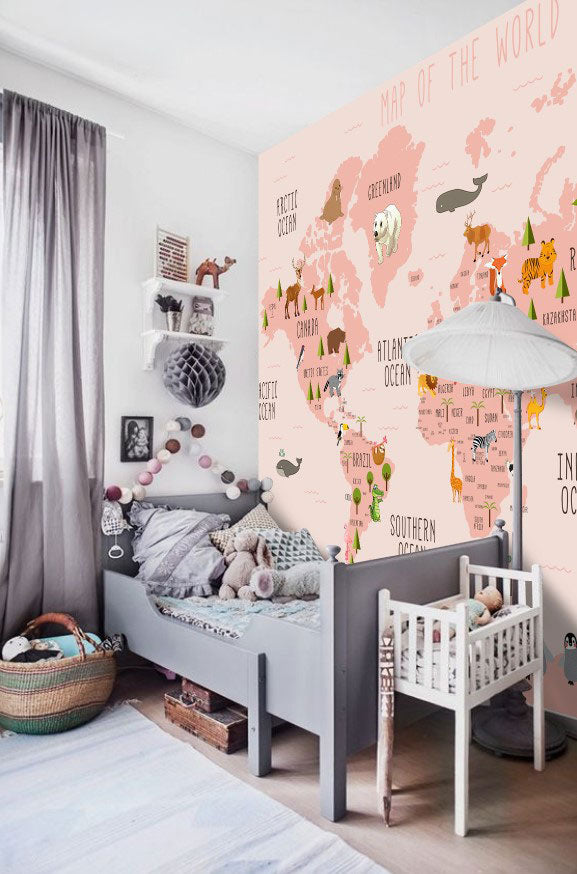 Pink Animal World Map Wallpaper : Kids Countries Mural - View 5