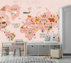 Pink Animal World Map Wallpaper : Kids Countries Mural - View 4