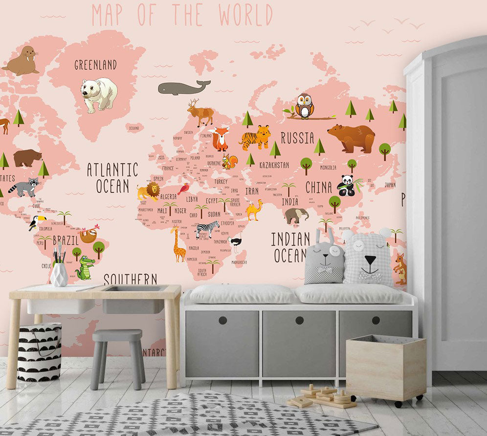 Pink Animal World Map Wallpaper : Kids Countries Mural - View 4
