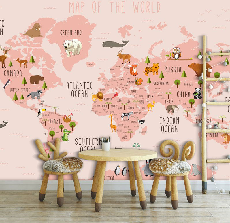 Pink Animal World Map Wallpaper : Kids Countries Mural - View 3