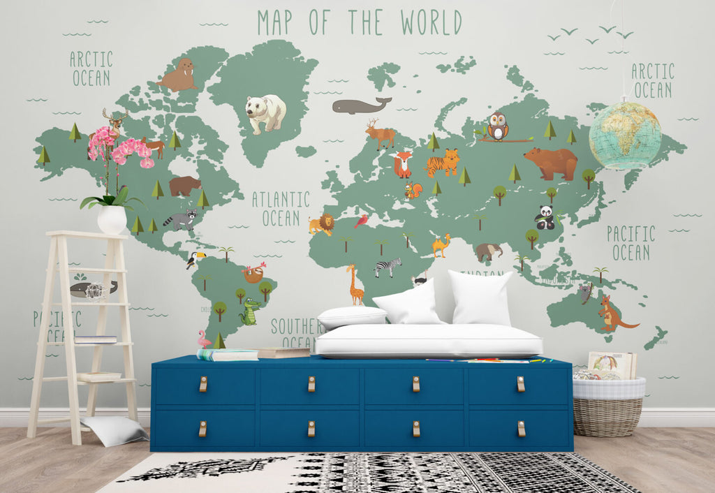 Teal Kids Animal World Map Wallpaper : Wildlife Around the World Mural - View 3