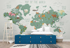 Teal Kids Animal World Map Wallpaper : Wildlife Around the World Mural - View 3