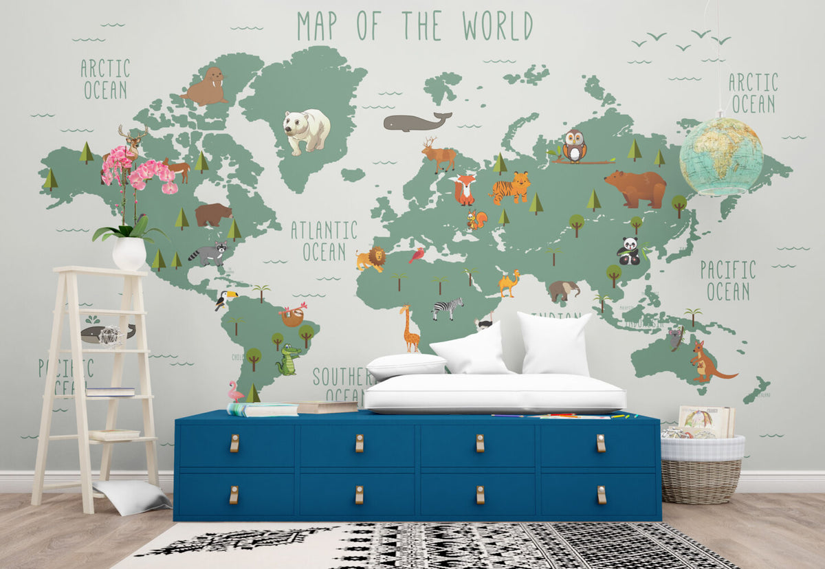 Teal Kids Animal World Map Wallpaper : Wildlife Around the World Mural - View 3