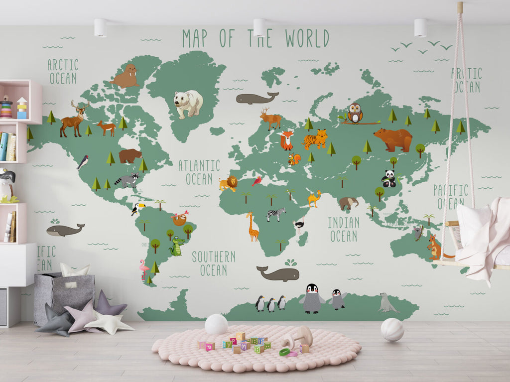 Teal Kids Animal World Map Wallpaper : Wildlife Around the World Mural - View 4
