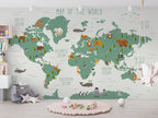 Teal Kids Animal World Map Wallpaper : Wildlife Around the World Mural - View 4