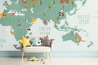 Teal Kids Animal World Map Wallpaper : Wildlife Around the World Mural - View 5