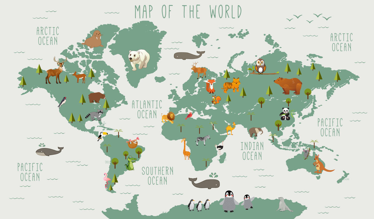 Teal Kids Animal World Map Wallpaper : Wildlife Around the World Mural - View 2