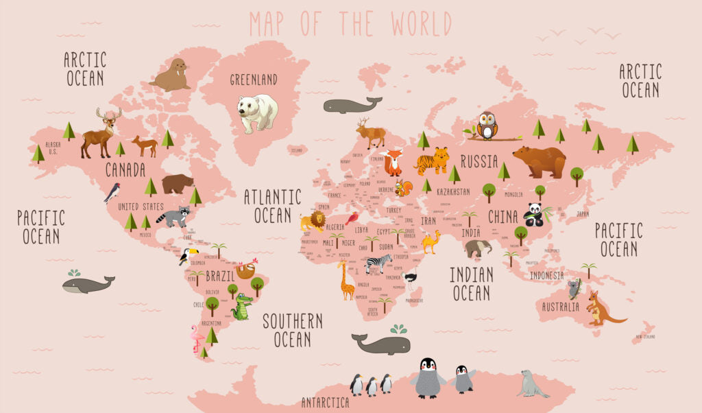 Pink Animal World Map Wallpaper : Kids Countries Mural - flat design