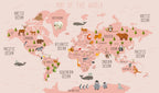 Pink Animal World Map Wallpaper : Kids Countries Mural - flat design
