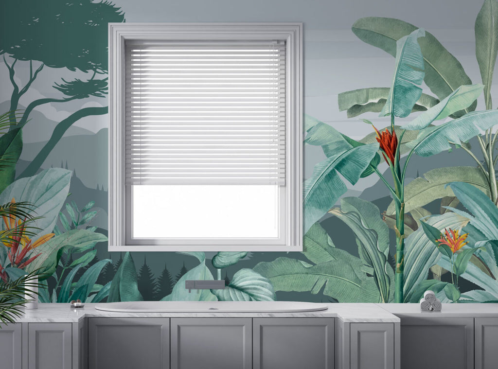 Misty Tropical Valley Wallpaper : Banana Leaf Jungle Landscape Mural - View 2