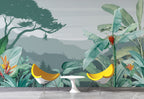 Misty Tropical Valley Wallpaper : Banana Leaf Jungle Landscape Mural