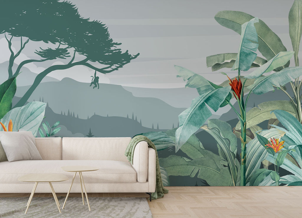 Misty Tropical Valley Wallpaper : Banana Leaf Jungle Landscape Mural - View 3
