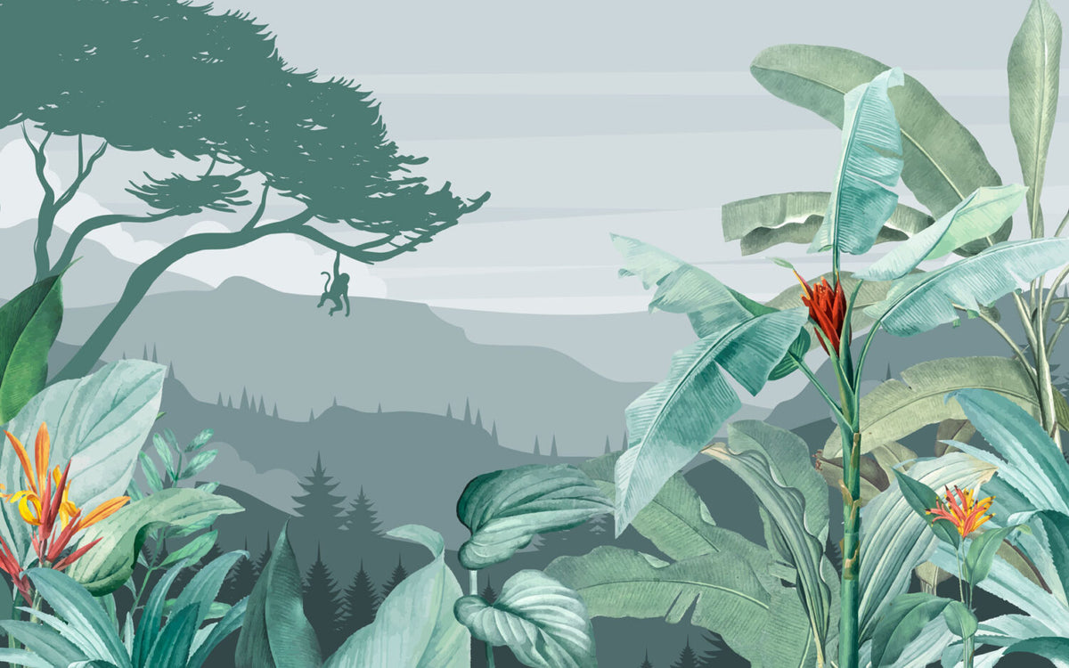 Misty Tropical Valley Wallpaper : Banana Leaf Jungle Landscape Mural - flat design