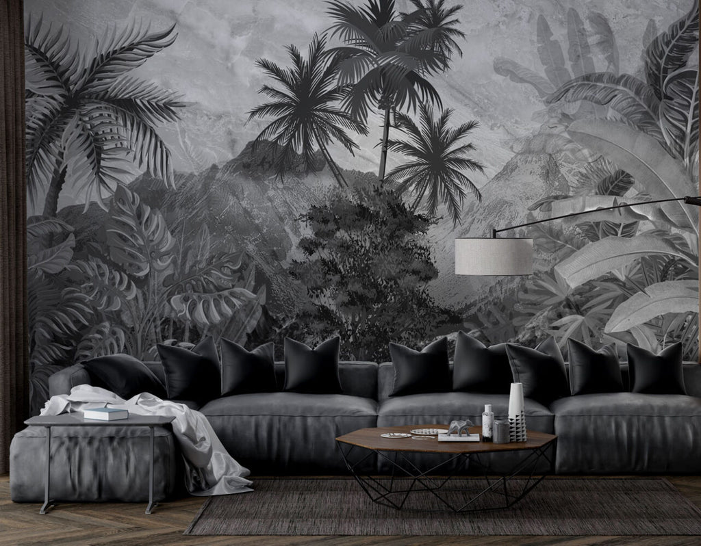 Black and White Jungle Wallpaper : Monochrome Tropical Mountain Mural - View 3