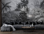 Black and White Jungle Wallpaper : Monochrome Tropical Mountain Mural - View 3