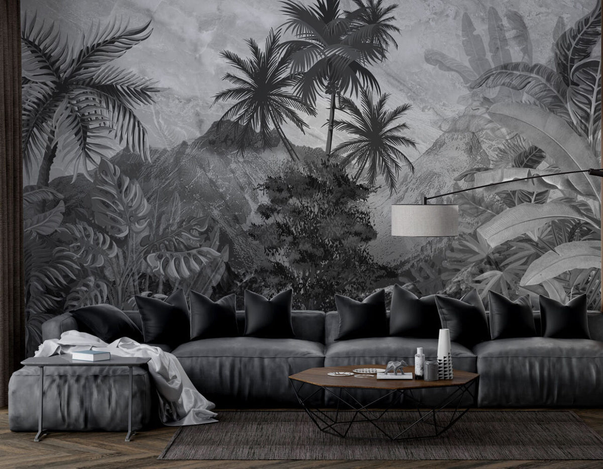 Black and White Jungle Wallpaper : Monochrome Tropical Mountain Mural - View 3