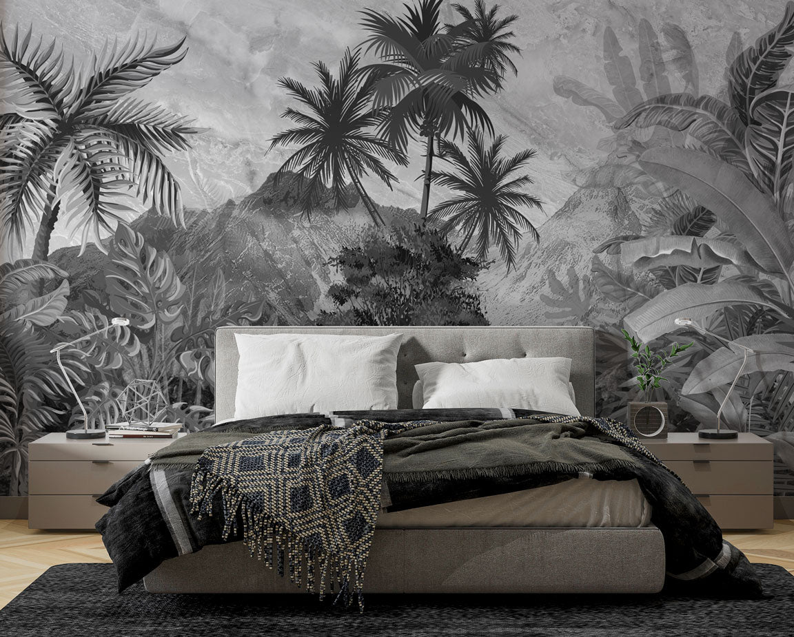 Black and White Jungle Wallpaper : Monochrome Tropical Mountain Mural