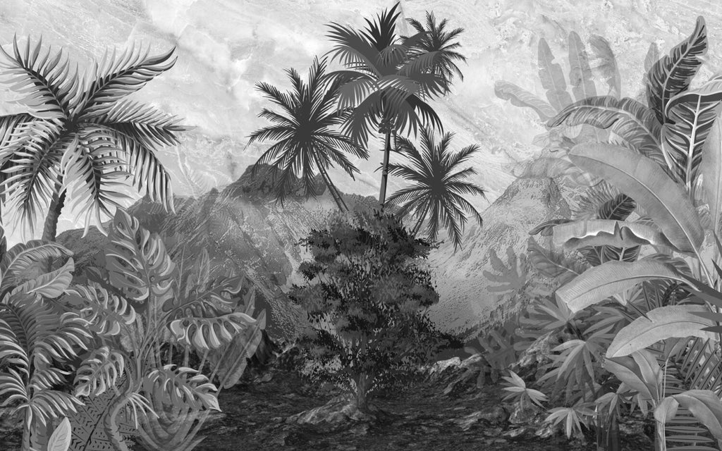 Black and White Jungle Wallpaper : Monochrome Tropical Mountain Mural - View 2