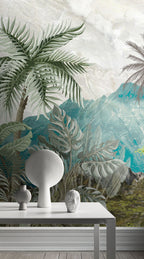 Tropical Mountain Wallpaper : Teal Jungle Palm Mural - View 4
