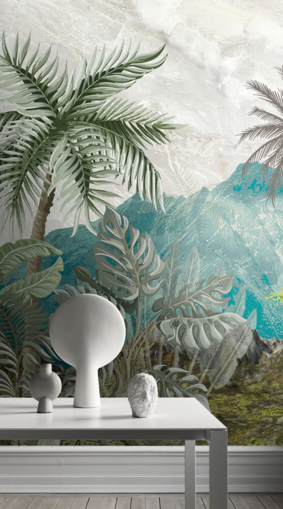 Tropical Mountain Wallpaper : Teal Jungle Palm Mural - View 4