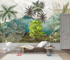 Tropical Mountain Wallpaper : Teal Jungle Palm Mural