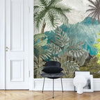 Tropical Mountain Wallpaper : Teal Jungle Palm Mural - View 3