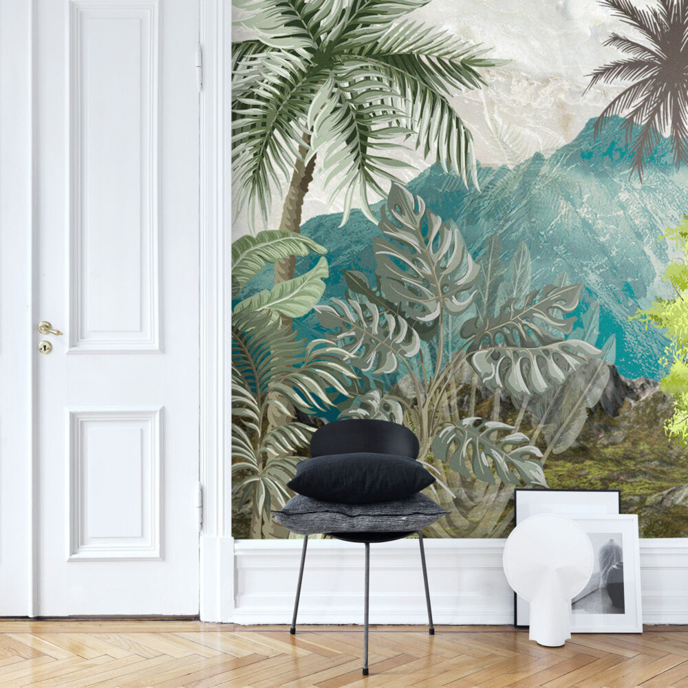 Tropical Mountain Wallpaper : Teal Jungle Palm Mural - View 3
