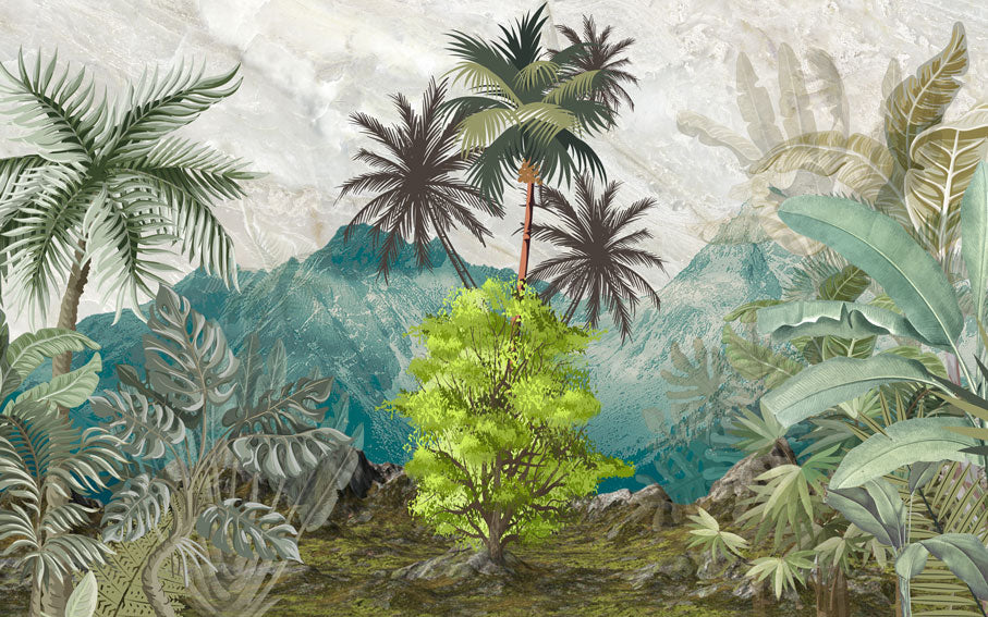 Tropical Mountain Wallpaper : Teal Jungle Palm Mural - View 2