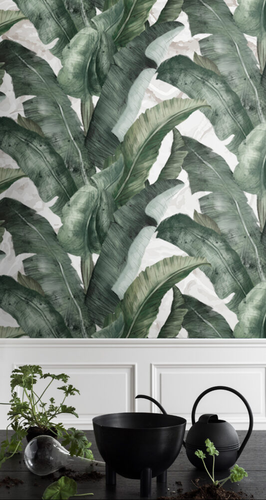 Dark Banana Leaf Wallpaper : Moody Green Tropical Pattern - View 3