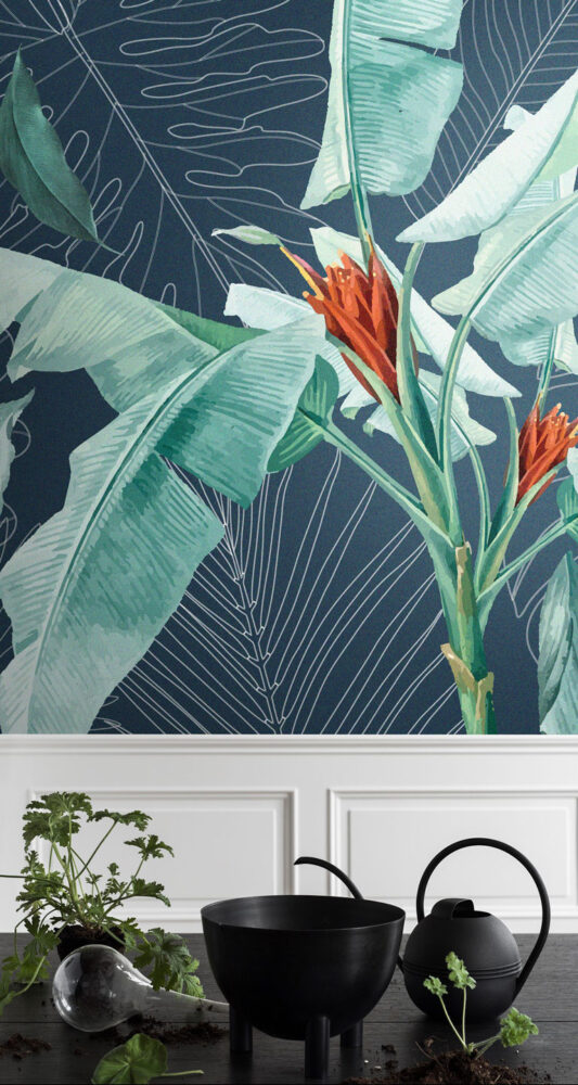 Navy Banana Leaf Wallpaper : Bird of Paradise Tropical Mural - View 3