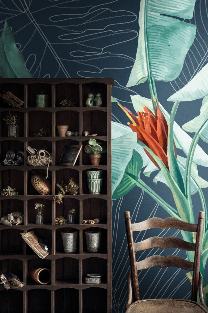 Navy Banana Leaf Wallpaper : Bird of Paradise Tropical Mural - View 2