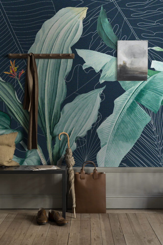 Navy Banana Leaf Wallpaper : Bird of Paradise Tropical Mural