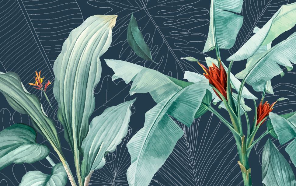 Navy Banana Leaf Wallpaper : Bird of Paradise Tropical Mural - flat design