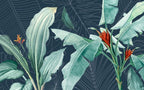 Navy Banana Leaf Wallpaper : Bird of Paradise Tropical Mural - flat design
